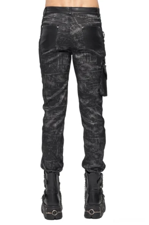 Black gothic punk trousers with synthetic leather trim and back pocket design, rear view of fitted silhouette