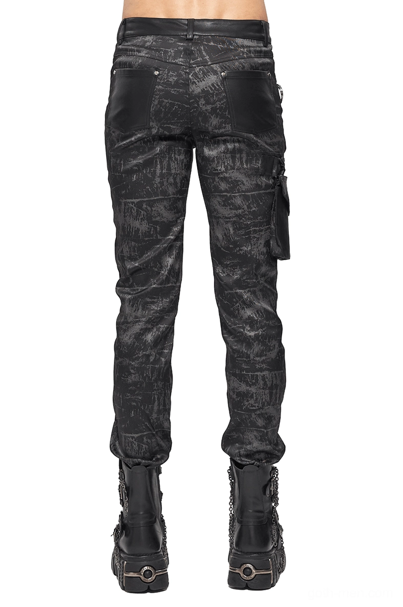 Black gothic punk trousers with synthetic leather trim and back pocket design, rear view of fitted silhouette