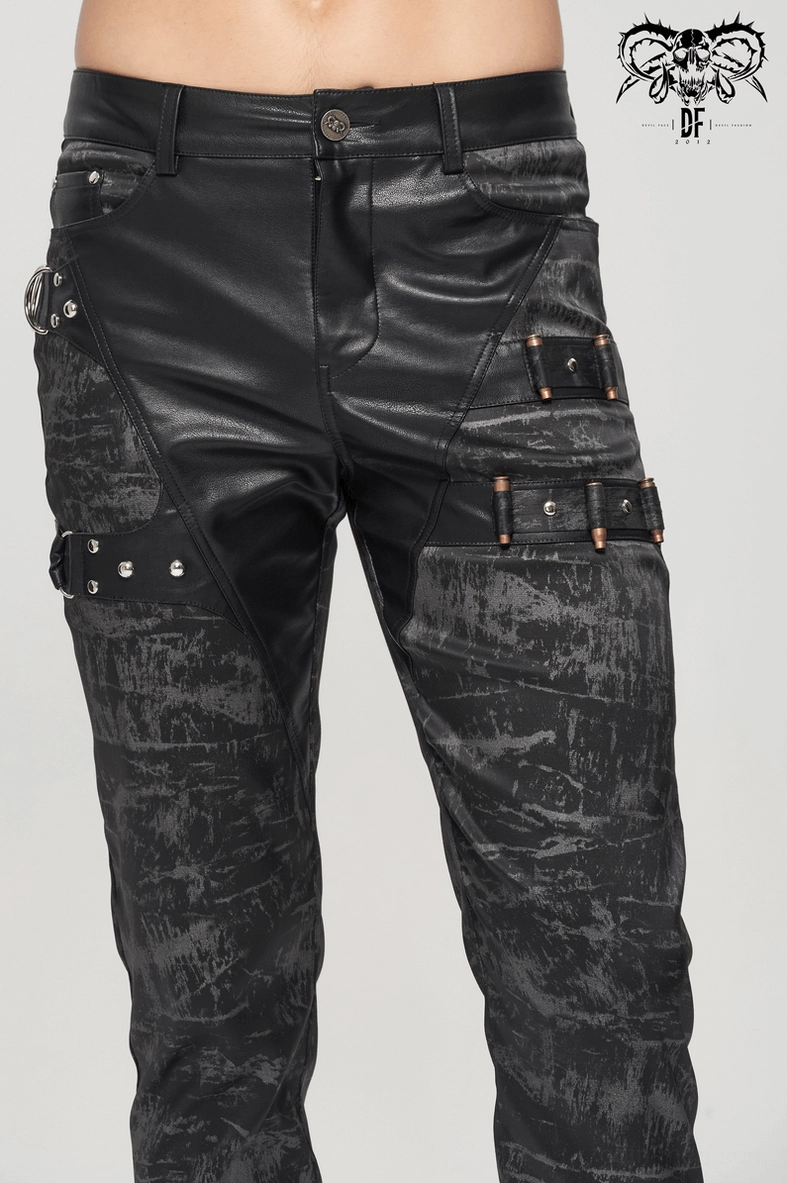 Men's black gothic punk pants with detachable modular pocket system, style profile view on white