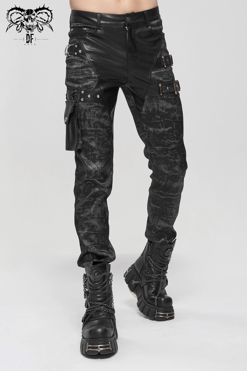 Men's black gothic punk pants with synthetic leather accents and distressed styling, full display