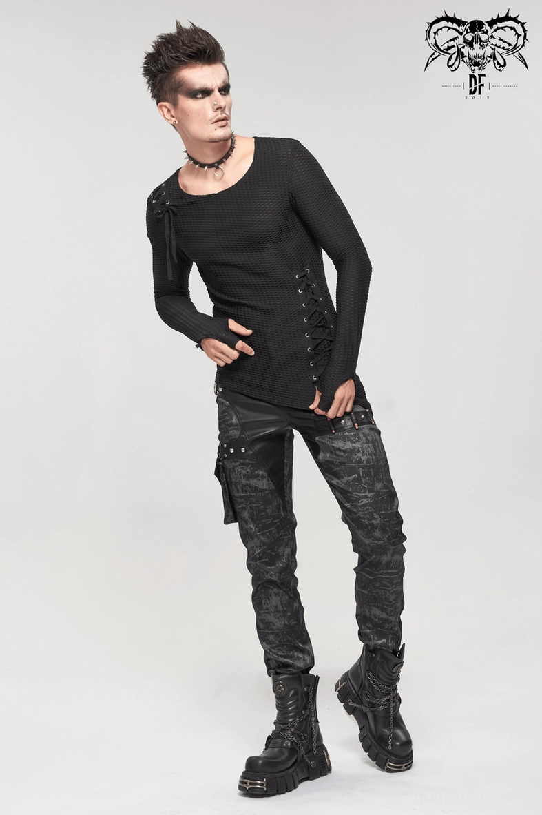 Men's black gothic punk trousers with industrial aesthetic and modular pocket system, profile display