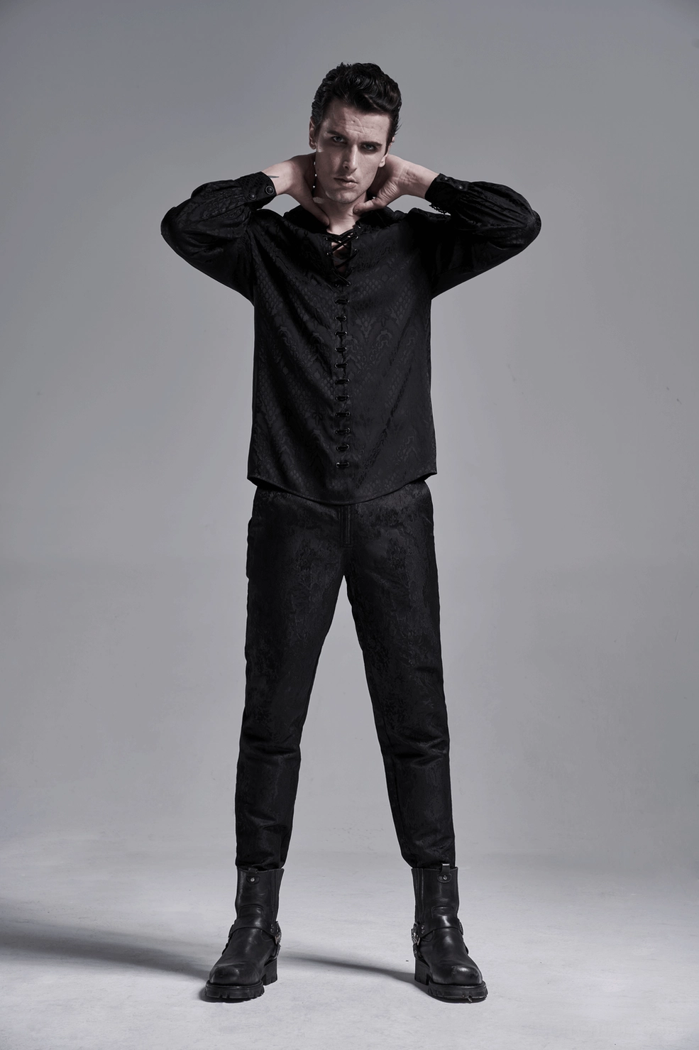 Men's black gothic jacquard lace-up shirt showing collar and upper body details
