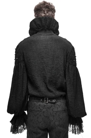 Men's gothic black long-sleeve shirt back view lantern sleeves and ruched shoulder seams