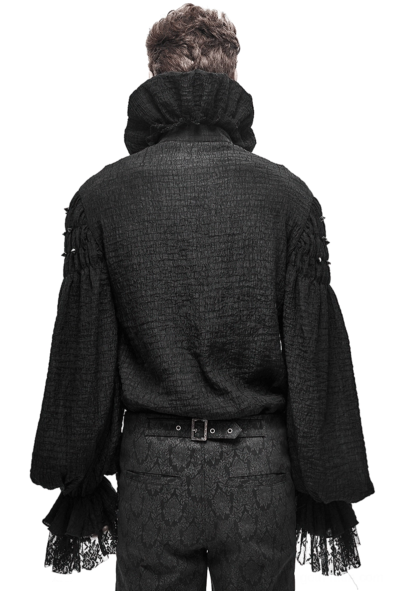 Men's gothic black long-sleeve shirt back view lantern sleeves and ruched shoulder seams