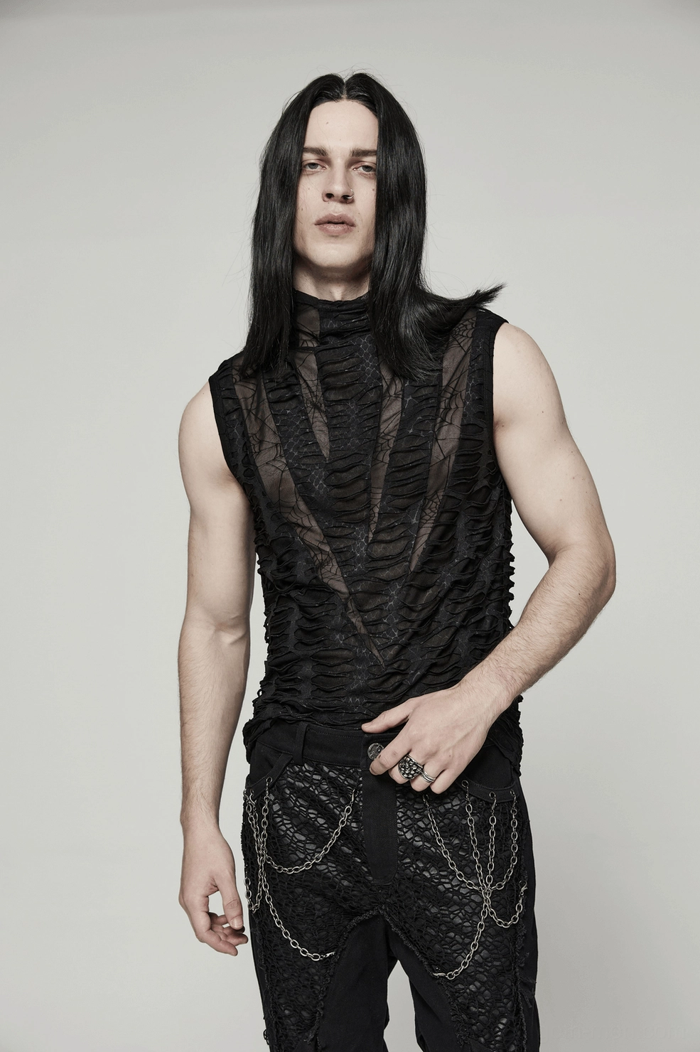 Men's black gothic sleeveless tank top - distressed mesh construction and alternative fashion styling