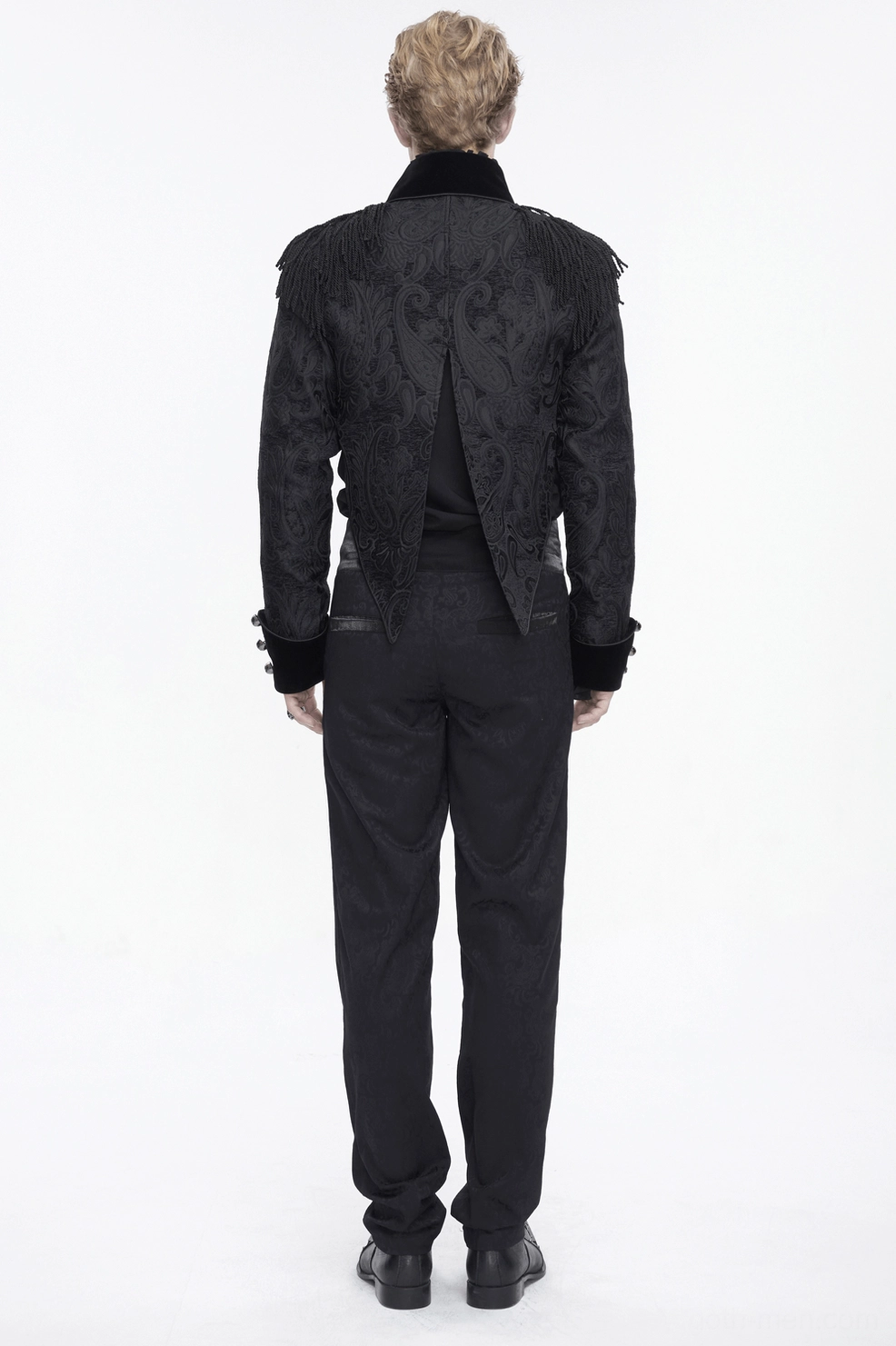 Men's black gothic tailcoat with decorative paisley weave and skull hardware—goth formal wear