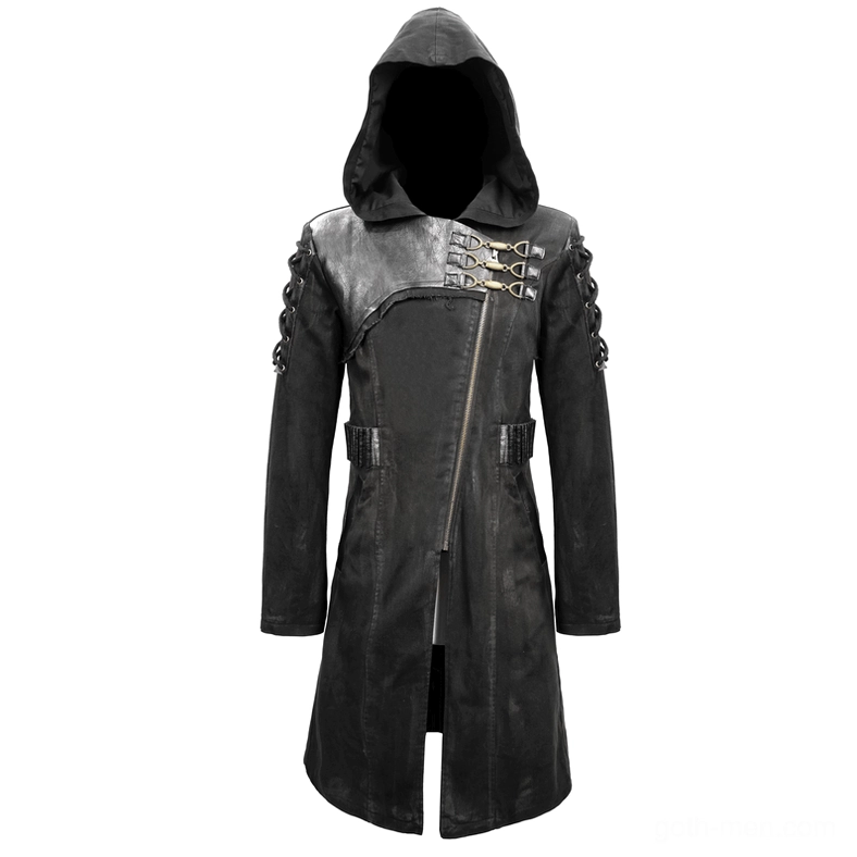 Men's black gothic hooded trench coat front full view with distressed finish and decorative buckle hardware