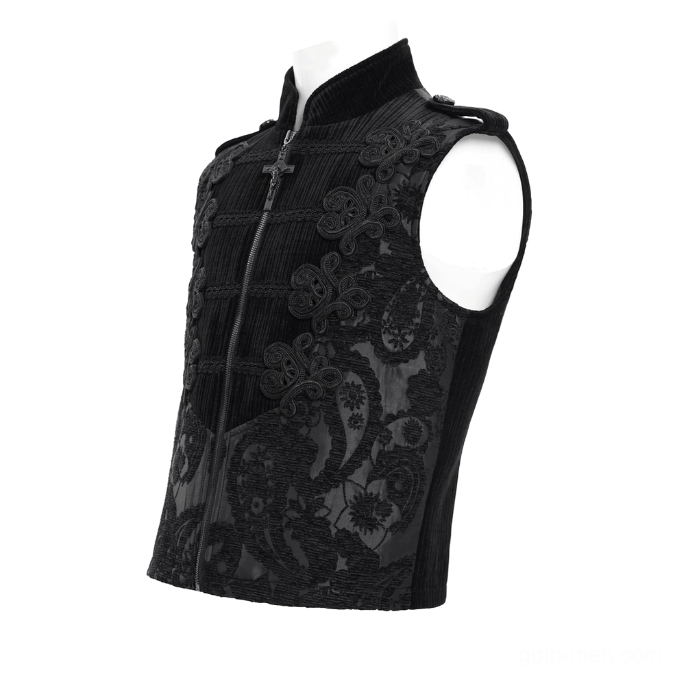 Men's black gothic waistcoat three-quarter front view on mannequin display