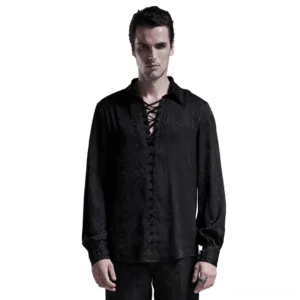 Men's black velvet lace-up gothic jacquard shirt with metal eyelets, front full-body view on model