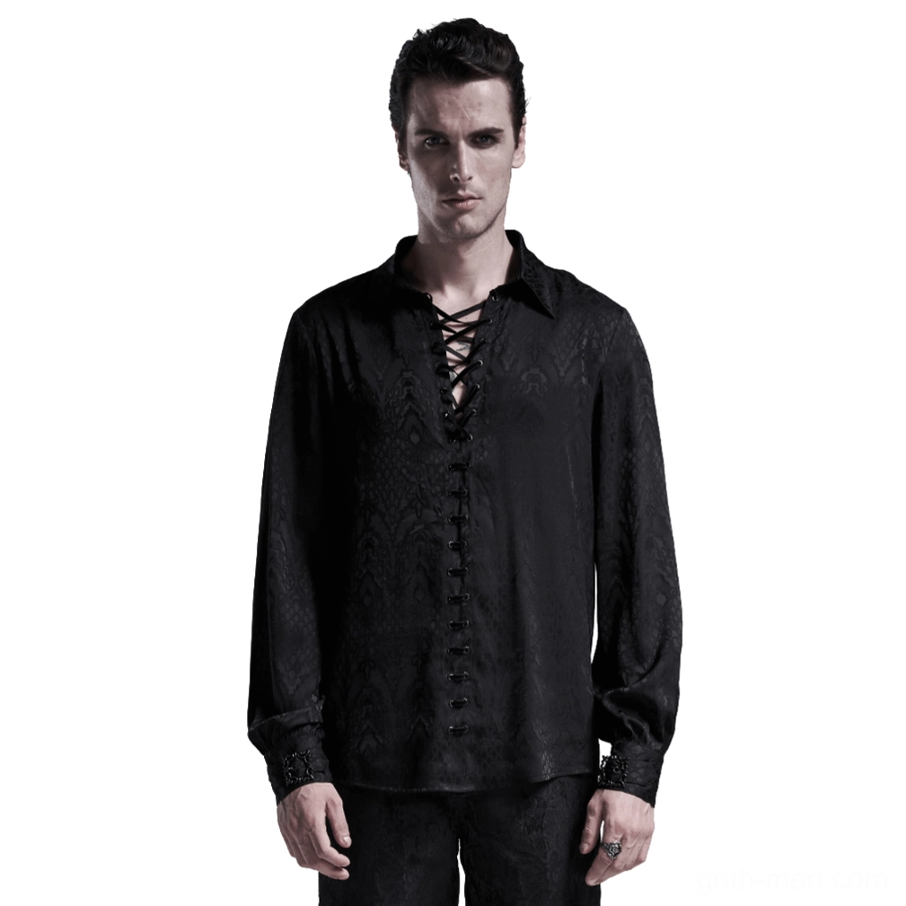 Men's black velvet lace-up gothic jacquard shirt with metal eyelets, front full-body view on model