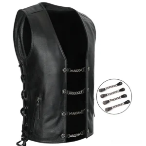 Men's black genuine leather gothic vest with decorative chain straps and side lace-up panels, front oblique view showing chains and zipper pocket detail