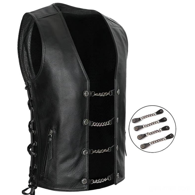 Men's black genuine leather gothic vest with decorative chain straps and side lace-up panels, front oblique view showing chains and zipper pocket detail
