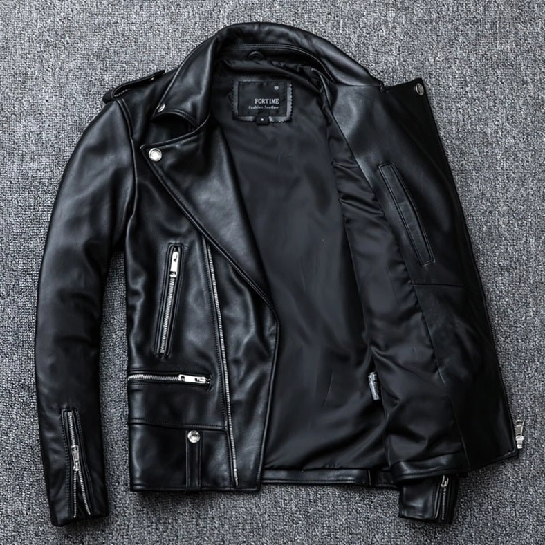 Black leather jacket alternative angle showing overall fit, sleeve length and tailored silhouette for men