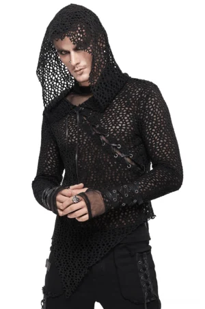 Men's black mesh hooded top with asymmetrical lacing worn by male model in front three-quarter view - gothic punk alternative fashion