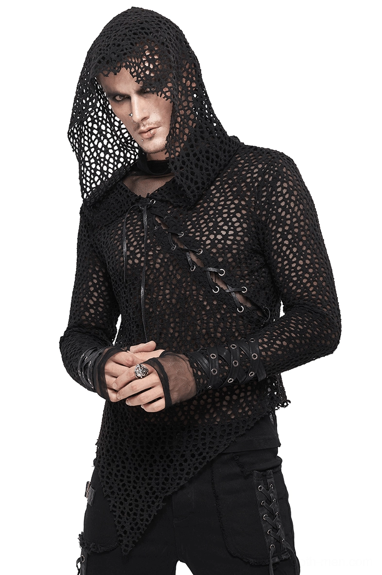 Men's black mesh hooded top with asymmetrical lacing worn by male model in front three-quarter view - gothic punk alternative fashion
