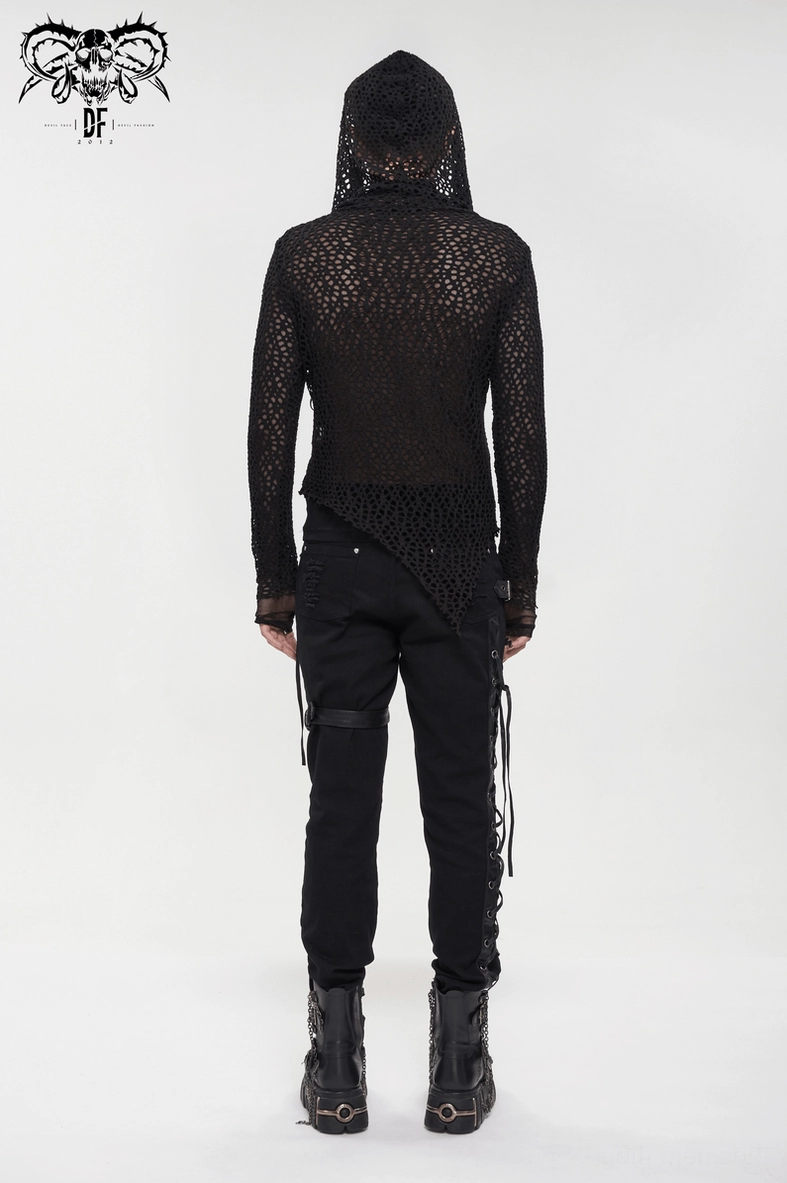 Men's black mesh hooded lacing top showcasing alternative fashion punk style construction