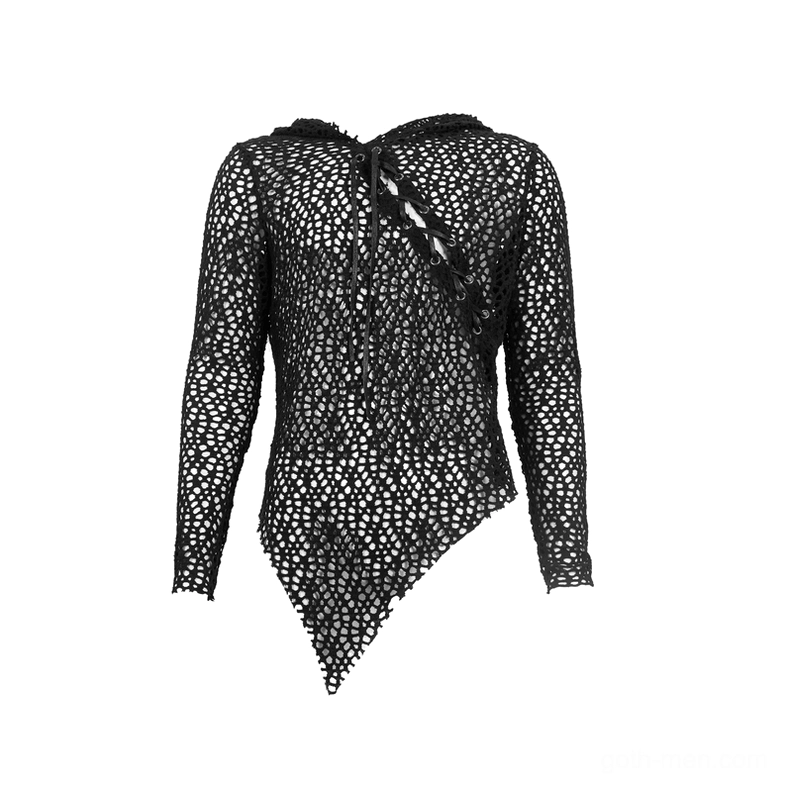 Front facing view of black mesh hooded top featuring sheer long sleeves and fitted construction