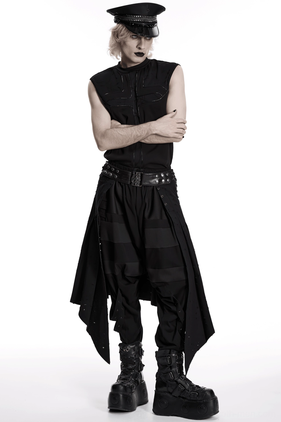 Men's black punk gothic skirt with adjustable studded waistband worn styling view