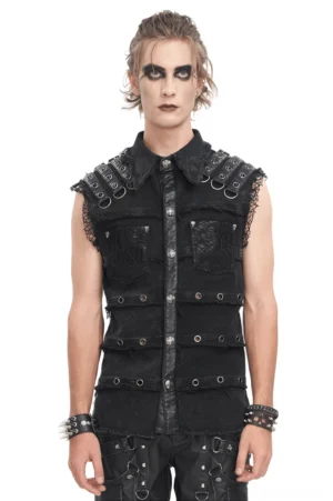 Black studded denim gothic punk vest for men - front view on male model with metal grommets and frayed lace trim