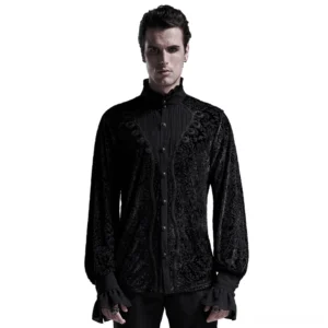 Men's black velvet damask gothic lace-up shirt front view on model, laser-burned floral pattern, stand collar, lace-up placket