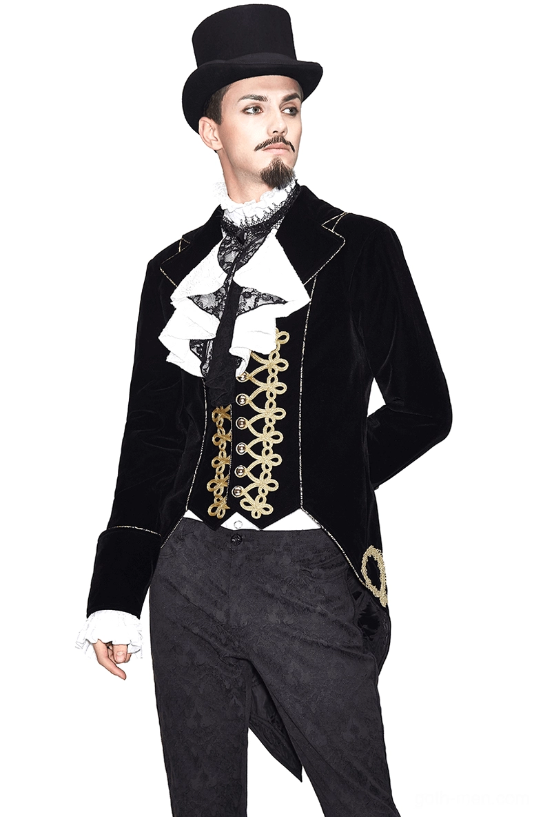 Men's black velvet Gothic tailcoat with gold embroidery - front three-quarter view showcasing fitted silhouette and ornate braided details