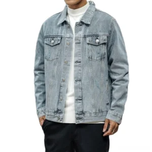 Men's blue gothic denim jacket worn on model, front view showing turn-down collar, button closure, and structured silhouette - dark alternative style