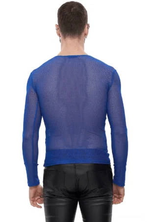 Men's electric blue transparent mesh long sleeve top back view with black leather pants