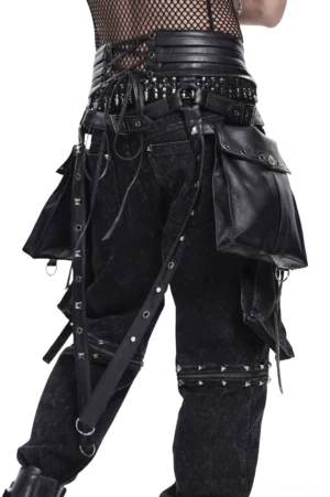 Rear view of black gothic harness belt showing studded waistband, extended garter straps with rivets and leg attachment points on male model