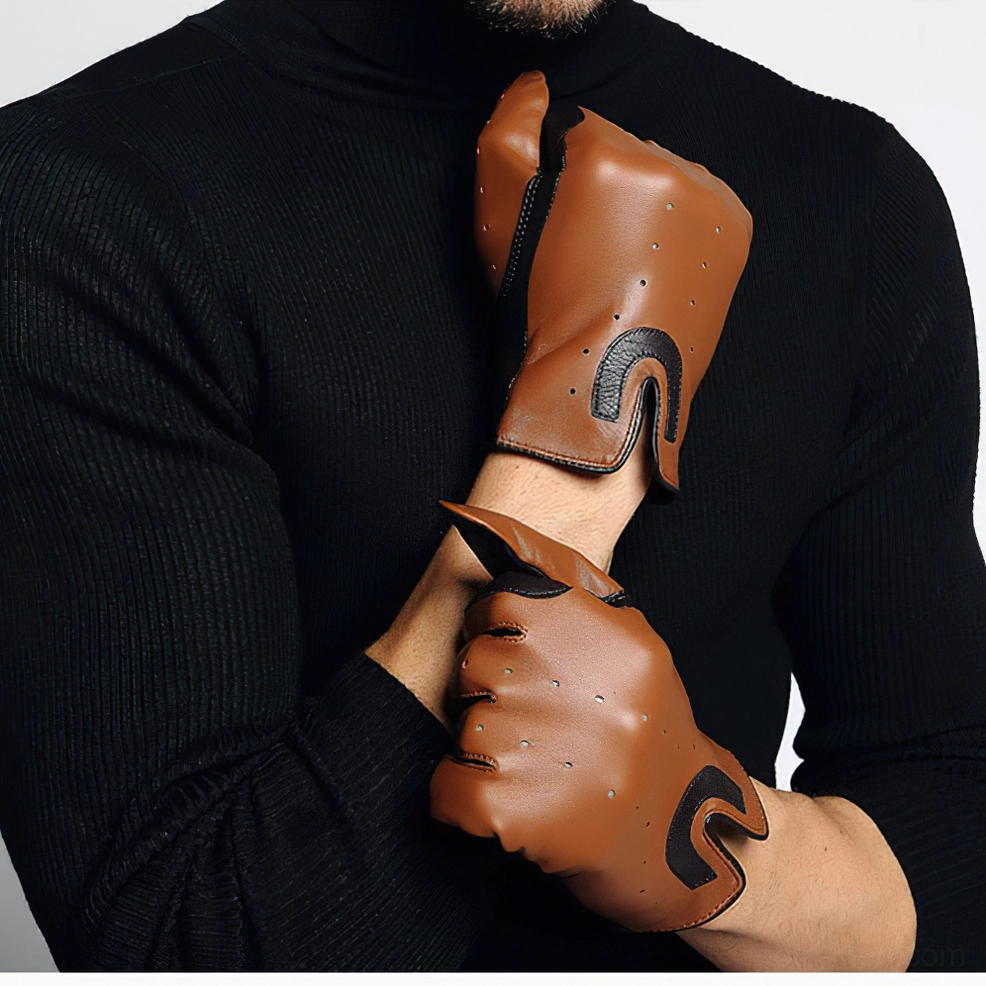 Men's brown sheepskin riding gloves worn by model, close-up front view of both gloved hands, perforated breathable details with black patches