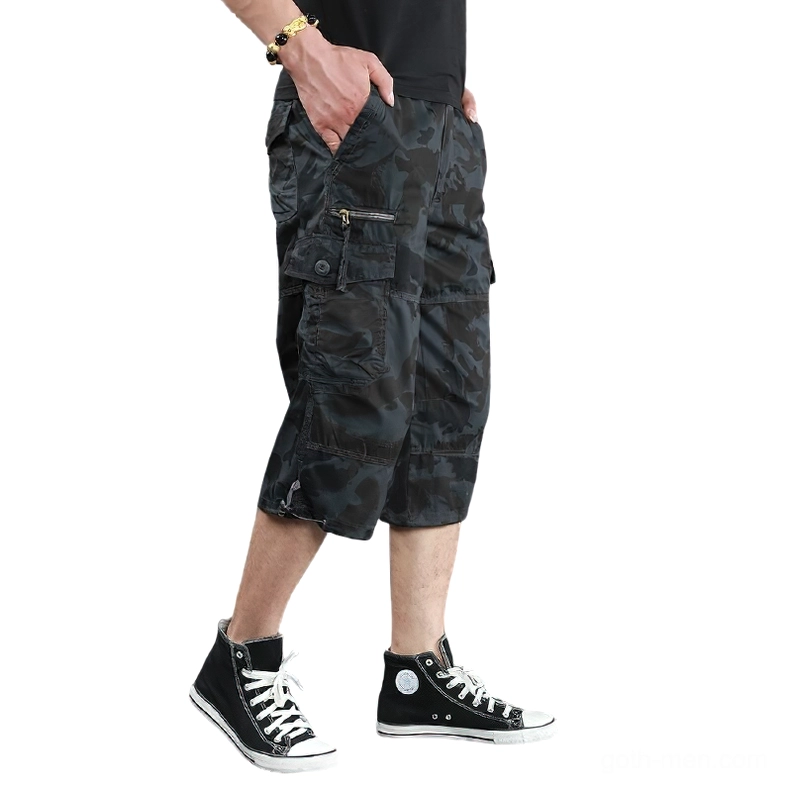 Men's camouflage cargo capri shorts front lower-body view with zippered side pockets