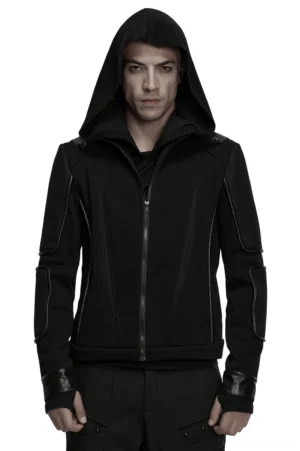 Men's cyberpunk gothic jacket with structured mesh panels front view on male model