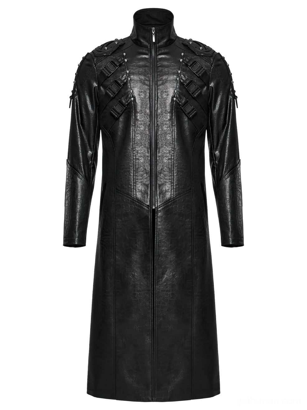 Men's cyberpunk faux leather coat flat product shot - black fitted silhouette with tactical straps