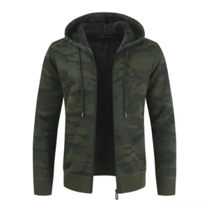 Men's dark gray camouflage hooded fleece cardigan with front zipper closure, tactical pockets, and ribbed cuffs - gothic aesthetic sweater