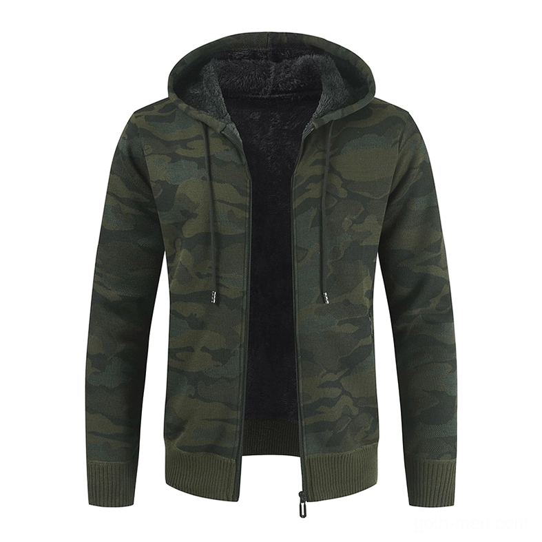 Men's dark gray camouflage hooded fleece cardigan with front zipper closure, tactical pockets, and ribbed cuffs - gothic aesthetic sweater