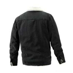 Men's sherpa-lined denim trucker jacket back view showing tailored silhouette and hidden inner fleece lining, flat lay