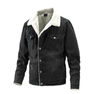 Men's sherpa-lined denim trucker jacket front view black with off-white fleece collar and button closure, studio flat lay