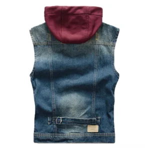 Detachable hood denim vest back view - adjustable waist buckle and washed vintage denim detail