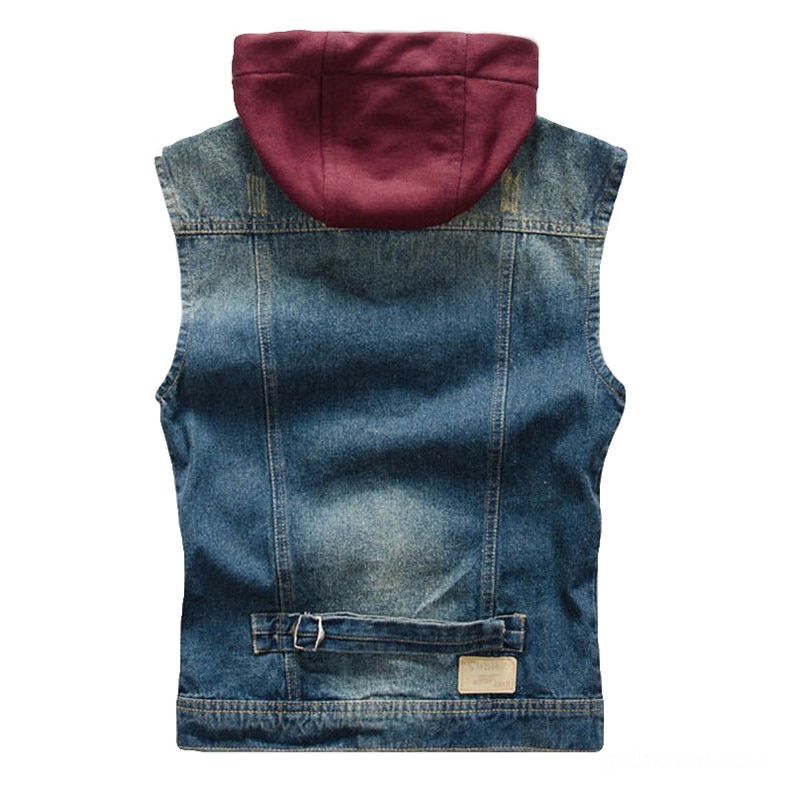 Detachable hood denim vest back view - adjustable waist buckle and washed vintage denim detail