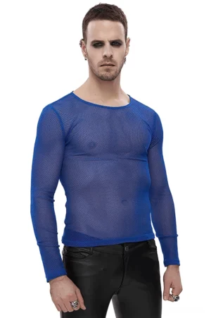 Men's electric blue sheer mesh long sleeve gothic top front view on model