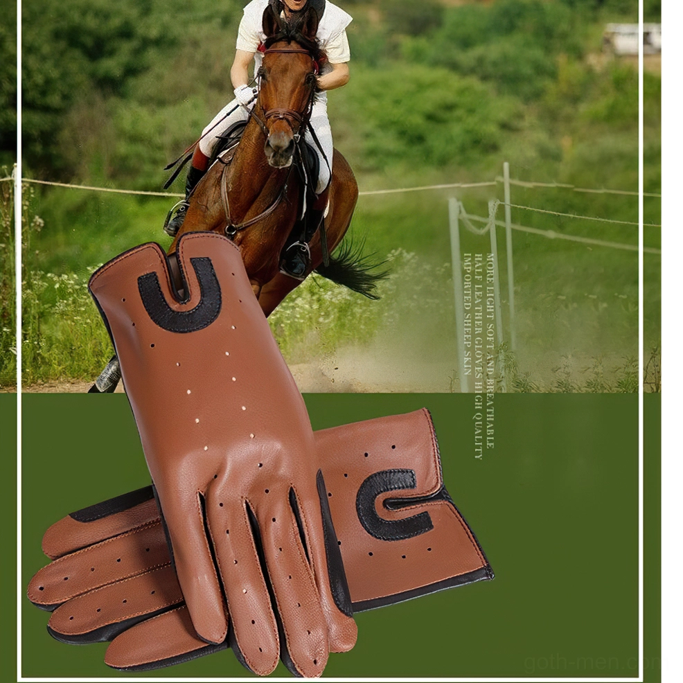 Brown leather equestrian riding gloves with perforated breathable design and black U-shaped decorative patches, outdoor equestrian background