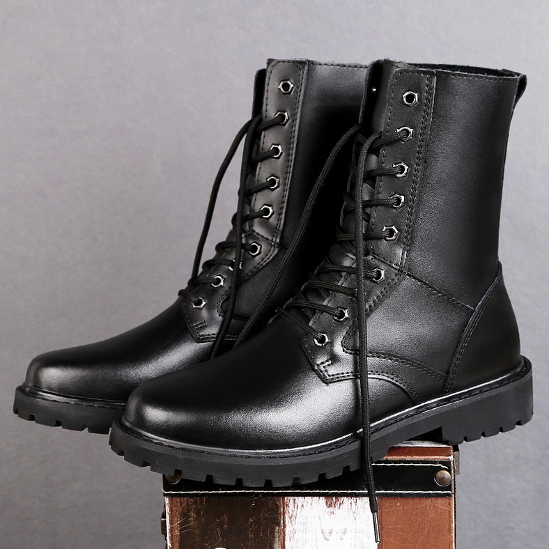Black gothic combat boots for men – genuine leather high-top lace-up ankle boots full product view