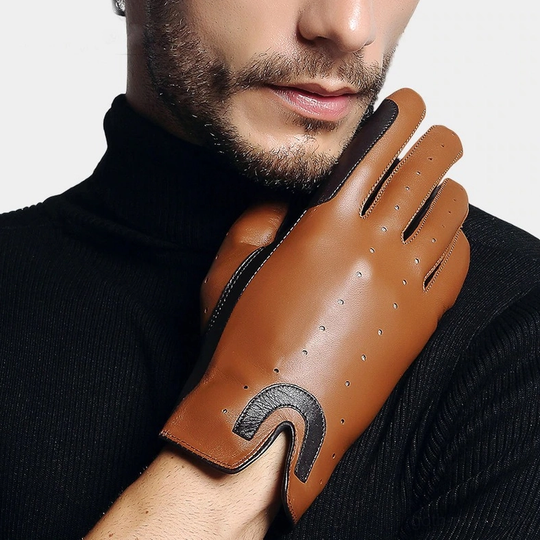 Genuine sheepskin men's riding gloves with two-tone brown and black color, gothic equestrian aesthetic, showing craftsmanship and leather quality