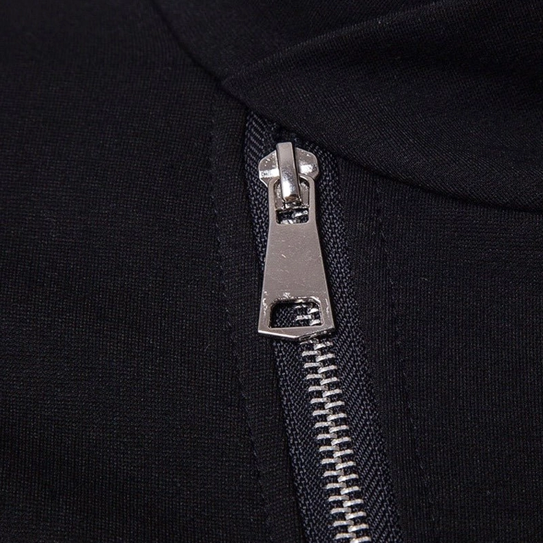 Men's gothic cardigan collar and zipper close-up featuring silver metal hardware and knitted fabric texture