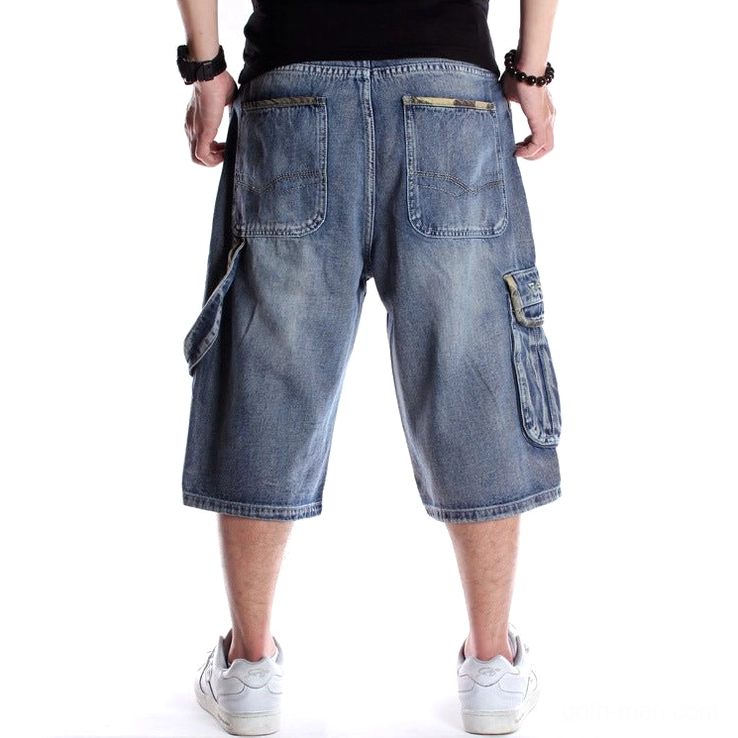 Gothic denim cargo capri shorts back view - dual patch pockets and side cargo utility design