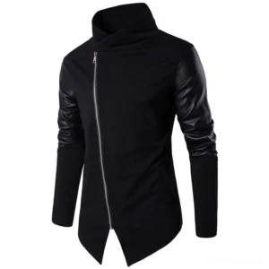 Men's black gothic zip cardigan with PU leather sleeves, front three-quarter view showing asymmetrical closure and turtleneck collar