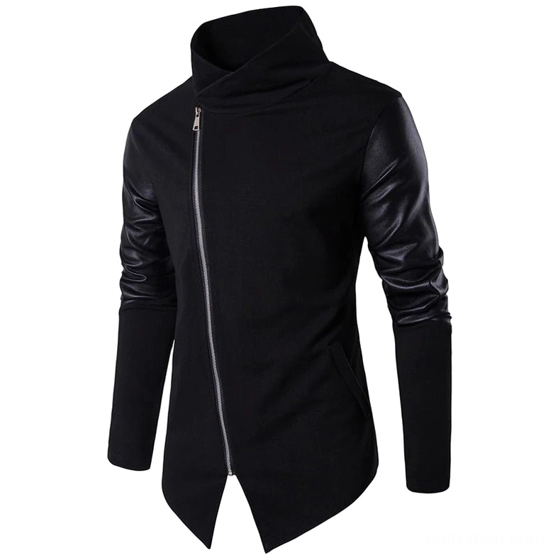 Men's black gothic zip cardigan with PU leather sleeves, front three-quarter view showing asymmetrical closure and turtleneck collar