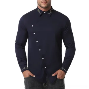 Men's asymmetric gothic shirt with embroidered gold collar and cuff detailing in navy blue