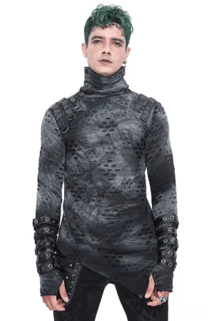 Men's gothic asymmetrical turtleneck with buckle straps, front view, dark gray tie-dye perforated fabric, fitted silhouette