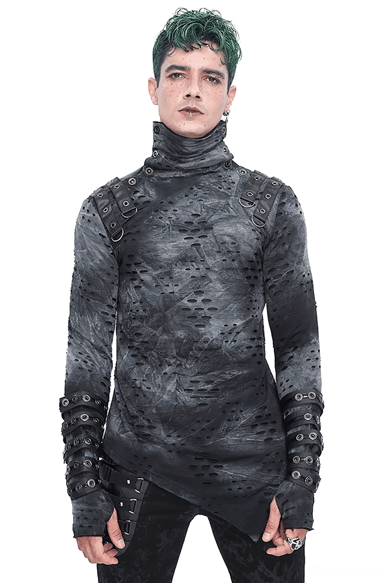 Men's gothic asymmetrical turtleneck with buckle straps, front view, dark gray tie-dye perforated fabric, fitted silhouette