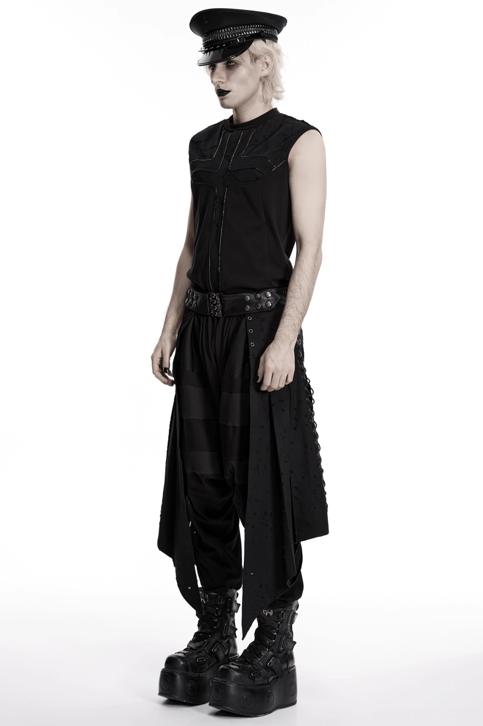 Black gothic asymmetrical punk skirt with studded metal belt main product image
